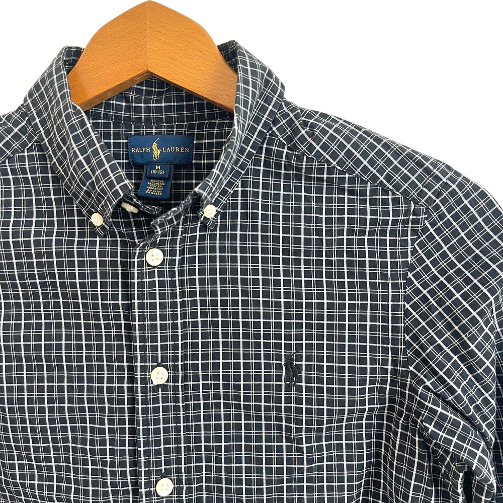 Ralph Lauren Boys Navy Blue White Grid Check Button Down Shirt Size M 10-12